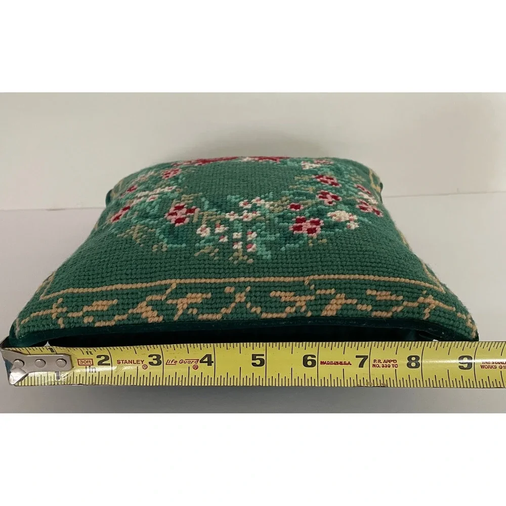 Vintage Christmas Wreath Needlepoint Wool Throw Pillow Green Velvet 9x9 Small